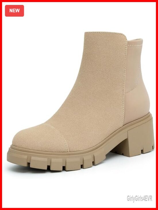 Shoes - Platform Lug Sole Chunky Heel Chelsea Booties with Side Zipper